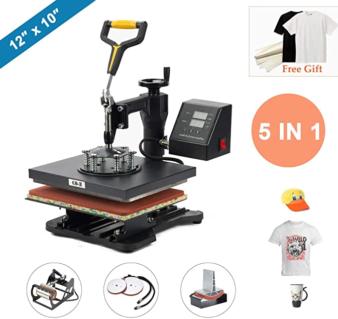 CO-Z Heat Press 360 Degree Swivel Heat Press Machine Multifunction Sublimation Combo T Shirt Press Machine for Mug Hat Plate Cap Mouse Pad (12"x10"_5 in 1_Intelligent Audible Alarm) (Renewed)