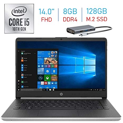HP 14-inch FHD (1920x1080) WLED-Backlit IPS Display Laptop PC, 10th Gen Intel Quad Core i5-1035G4 Up to 3.7 GHz, 8GB DDR4, 128GB M.2 SSD, Backlit Keyboard, Bluetooth, Windows 10 w/Type-C Hub