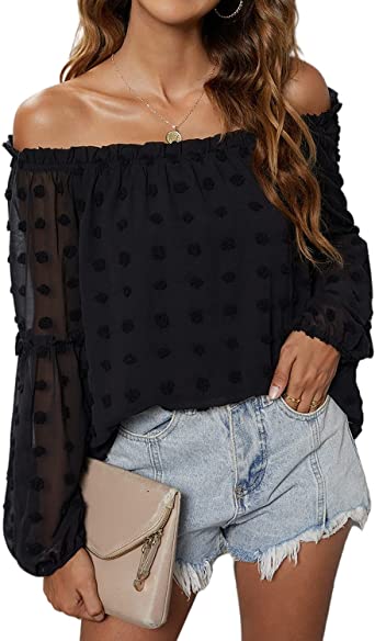 Blooming Jelly Women's Off The Shoulder Tops Long Sleeve Shirts Chiffon Blouses Flattering Pom Pom Top