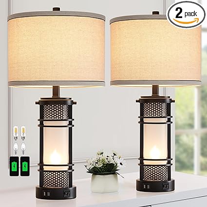 AIEAMPDO Set of 2 Modern Table Lamps for Living Room, Contemporary Nightstand Lamp with Dual USB Port, Bedside Lamps with White Frosted Glass Night Light for Bedroom, 4 Bulbs Included (Black)