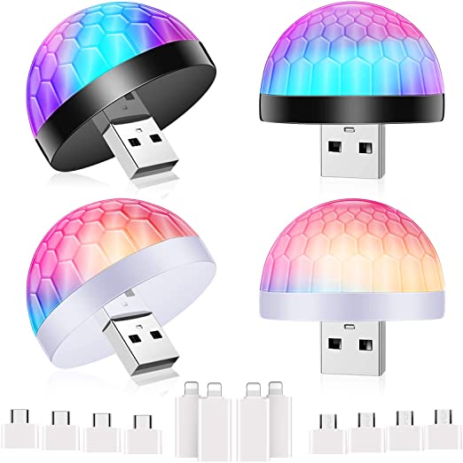 4 Pieces USB Mini Disco Ball Light DJ Ball USB Party Strobe Light LED Atmosphere Party Light Christmas Disco Stage Lights with 12 Adapter for Party DJ Stage Atmosphere Interior Car Lights