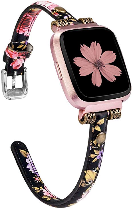 Wearlizer Leather Bands Compatible with Fitbit Versa/Versa 2 /Versa Lite/Versa SE for Women Men Large Small, Slim Genuine Leather Wristband Replacement Strap for Fitbit Versa(Flower)