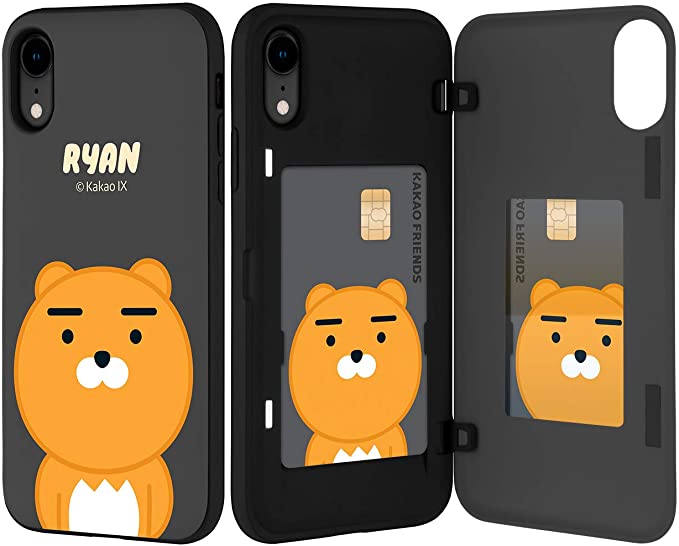 GOOSPERY Kakao Friends iPhone XR Wallet Case with Card Holder, Protective Dual Layer Bumper Phone Case (Ryan Black) IPXR-KMDB-RYNBK