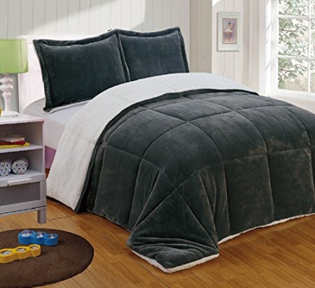 Chezmoi Collection 3-piece Micromink Sherpa Reversible Down Alternative Comforter Set (King, Gray)
