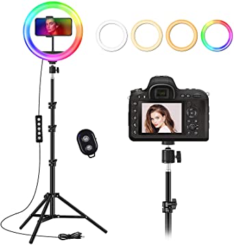 10’’ Selfie Ring Light with Extendable 65'' Tripod Stand & Phone Holder, 15 Colors RGB Circle Light with Remote for Makeup, YouTube Video, Photography, Compatible with iPhone & Android