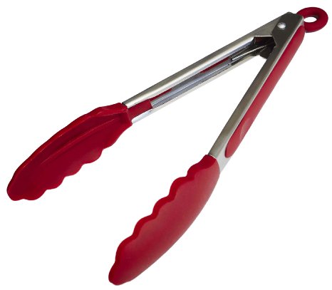 StarPack Premium Silicone Kitchen Tongs 9-Inch Non-Stick Friendly Bonus 101 Cooking Tips Cherry Red
