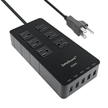 Zettaguard ZG650 BLK Mini 6-Outlet Travel Power Strip/Surge Protector with USB Charger & 5' Power Cord, Black