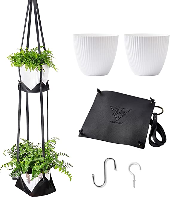 POTEY Leather Plant Hanger with Pot Included - Hanging Planters Basket with Plastic Planter 6'' (1 Adjustable Plant Hangers and 2 Pots) Hanging Plant Holder for Home Decor 42'',Black