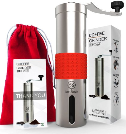 Coffee Grinder Manual : Professional and Portable Coffee bean Grinder with Heavy Duty Stainless Steel and Adjustable Ceramic Burr grinder -Aeropress Compatible- Best Coffee Mill Offers Consistency And Precision- FREE lovely suede Carrying Pouch by ICE COALS