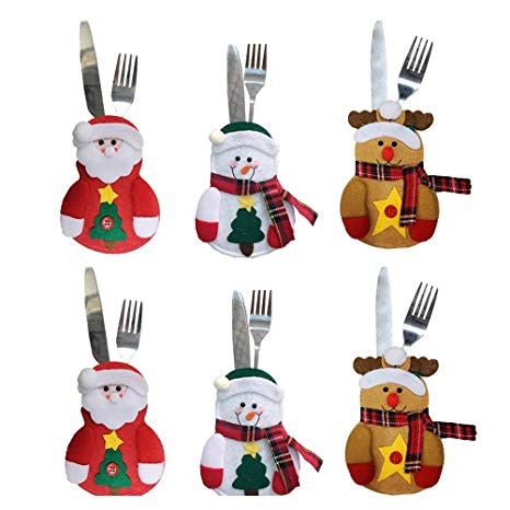 Tinksky 6pcs Kitchen Suit Silverware Holders Pockets Knifes Forks Bag Snowman Santa Claus Elk Christmas Party Decoration Christmas Birthday Gift for Children