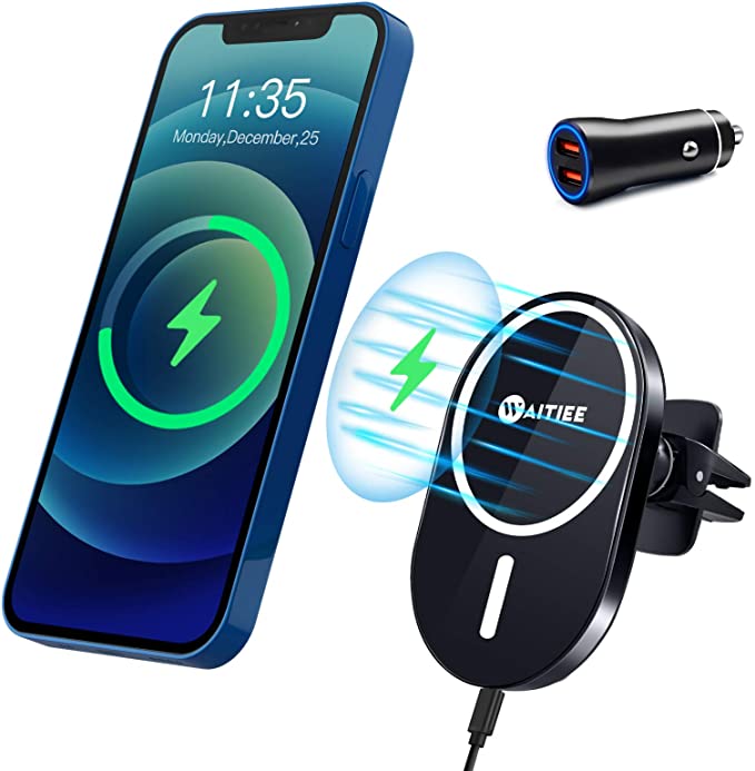 WAITIEE Magnetic Wireless Car Charger Compatible with iPhone 12/12 Pro/ 12 Pro Max/ 12 Mini with QC3.0 Adapter 15W/ 10W/ 7.5W/ 5W Fast Wireless Car Charger Mount with Secure Air Vent Clamp (Black)
