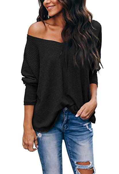 Albe Rita Women's Casual V-Neck Off Shoulder Batwing Sleeve Pullover Tops