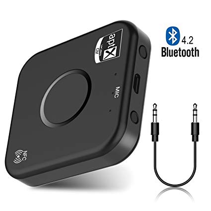 Bluetooth Receiver, Elegant Choise Wireless Bluetooth Audio Adapter Dual 2x3.5mm Aux Stereo Output for TV/Home/Car Stereo System,aptX LL,Bluetooth 4.2,NFC-Enabled,A2DP (Black)