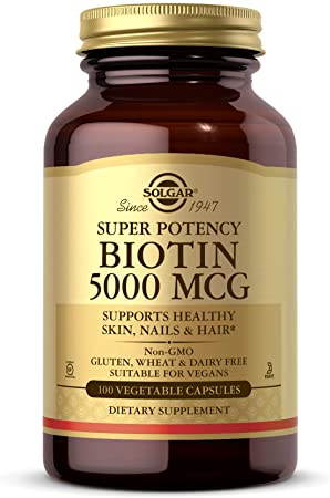 Solgar Biotin 5000 mcg, 100 Veg Caps - Promote Healthy Skin, Nails & Hair - Supports Energy Production, Protein, Carbohydrate & Fat Metabolism - Vitamin B - Non GMO, Vegan, Gluten Free - 100 Servings