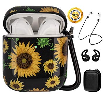 Airpods Case with Sunflower Prints,OLEBADN Protective and No Dust Sticking Cover for Women and Girls, 5 in 1 Accessory Set Compatible for Airpods 2&1 Front LED Visible