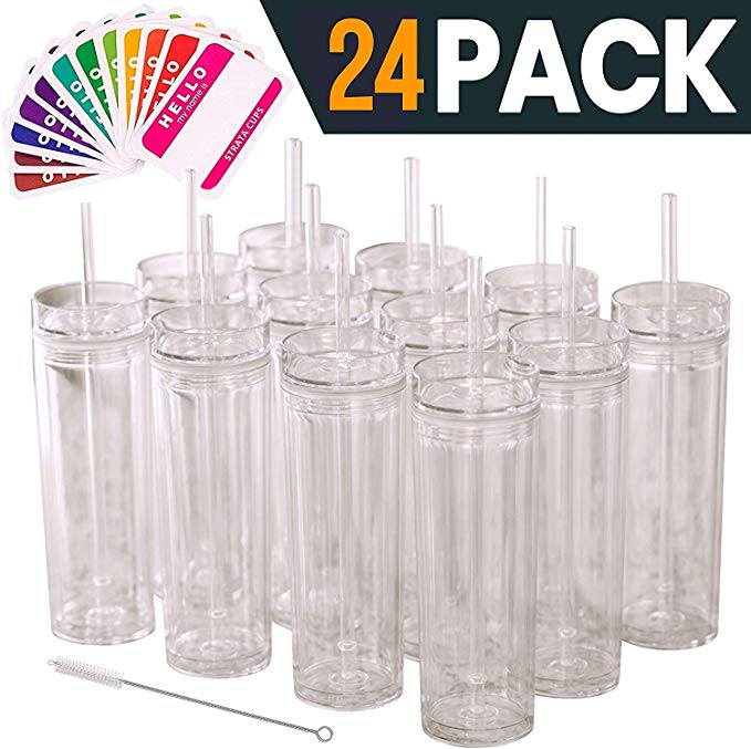 SKINNY TUMBLERS 24 Clear Acrylic Tumblers with Lids and Straws | 16oz Double Wall Clear Plastic Tumblers   FREE Straw Cleaner & Name Tags! Bulk Reusable Cups With Straw - Insulated Tumbler (Clear, 24)