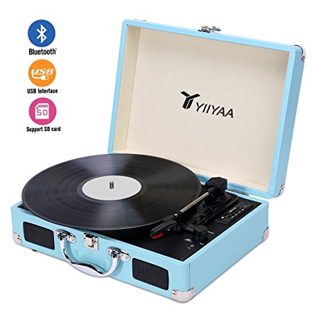 YIIYAA Vinyl Record Turntable Victrola Vintage 3-speed Belt Driven Bluetooth Portable Suitcase with Built-in Stereo Speaker, USB & Headphone Jack, Vinyl-to-MP3 Recording & AUX Input - Blue