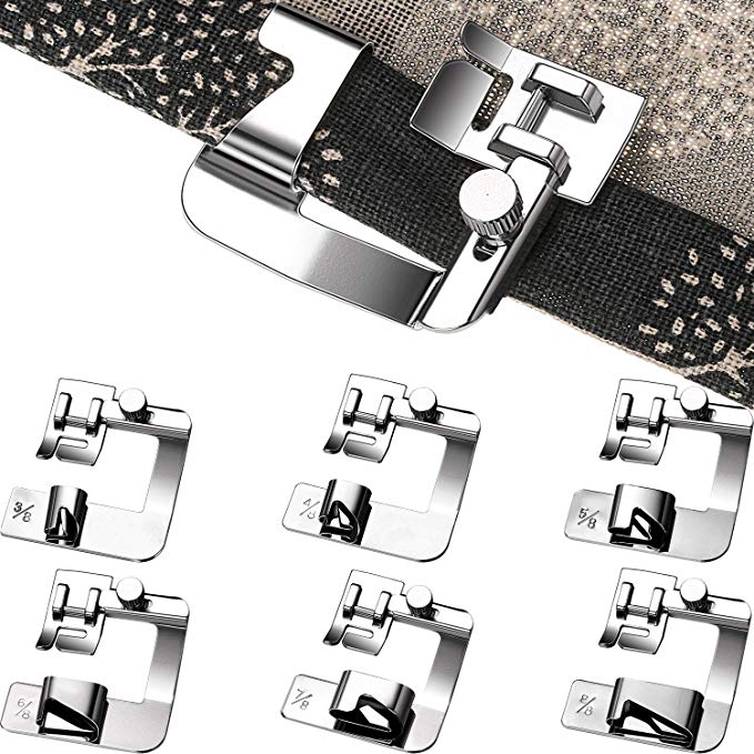 6 Pieces Rolled Hem Pressure Foot Sewing Machine Presser Foot Hemmer Foot Set (3/8 Inch, 4/8 Inch, 5/8 Inch, 6/8 Inch, 7/8 Inch, 8/8 Inch) Adjustable Wide Hemmer Foot Set for Singer, Brother, Jan