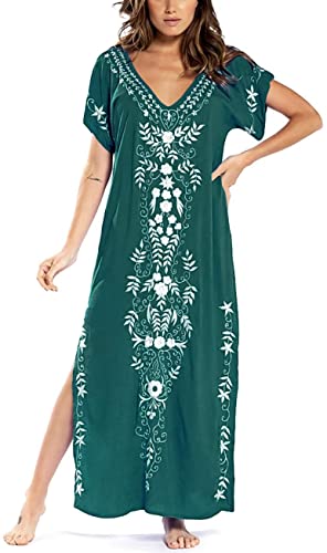 Bsubseach Women Embroidery Short Sleeve Bikini Swimsuit Cover Up Side Split Beach Kaftan Dress