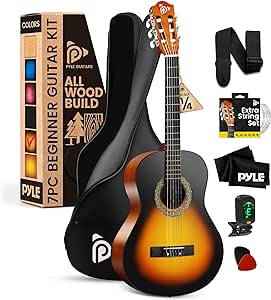 Pyle Beginner Acoustic Guitar Kit, 1/4 Junior Size All Wood Instrument for Kids, Adults, 30" Sunburst Teardrop Matte