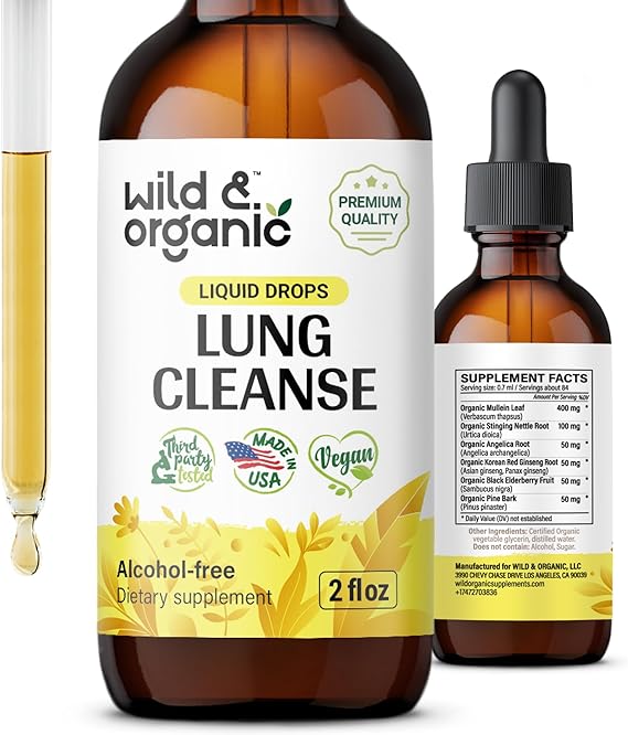 Wild & Organic Lung Detox and Cleanse Supplement - Mullein Leaf Tincture - Lung Health Support for Smokers - Vegan, Alcohol Free Drops - 2 fl oz