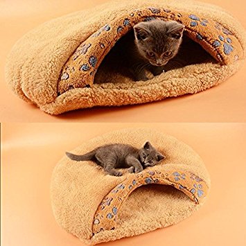Pecute Cat Sleeping Bag Warm Soft Puppy Cat Kitten Cave Igloo Nest Brown