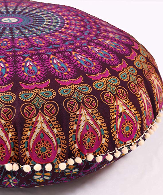 Popular Handicrafts Large Hippie Mandala Floor Pillow Cover - Cushion Cover - Pouf Cover Round Bohemian Yoga Decor Floor Cushion Case- 32" Magenta