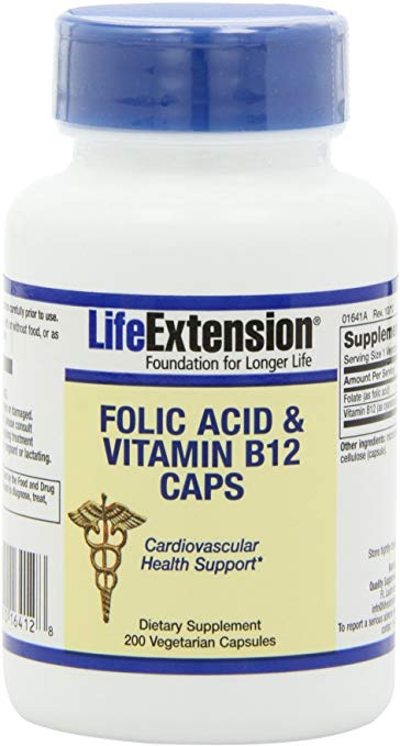 Life Extension Folic Acid   B12 Capsules, 200-Count