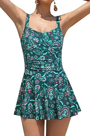 SHEKINI Women Retro One Piece Skirt Swimsuit Ruched Crossover Swimdress Bathing Suit