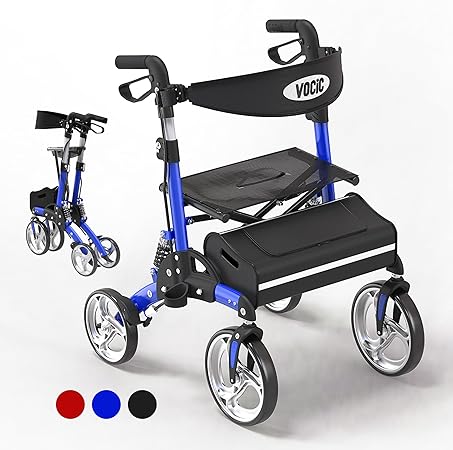 Rollator Walker with Seat for Seniors, Foldable Rolling Walker with Adjustable Handles, Lightweight Mobility Walking Aid for Elderly with 10" Front Wheels, Support up to 400 lbs, Blue