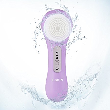 K-SKIN Facial Cleansing Brush Waterproof Exfoliate Pore Smooth Skin for 3 Speeds Modes Setting with 2 Brush Heads (Purple)