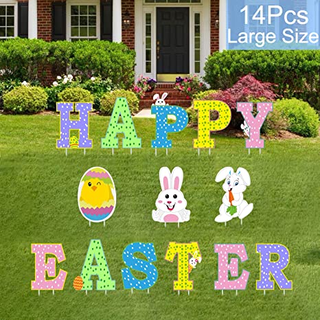 Partyprops 14Pcs Easter Yard Signs Outdoor Lawn Decorations - Happy Easter Yard Signs with Stakes - Easter Outdoor Decorations - Funny Bunny and Egg Corrugated Yard Signs Decor - Easter Outdoor Sign
