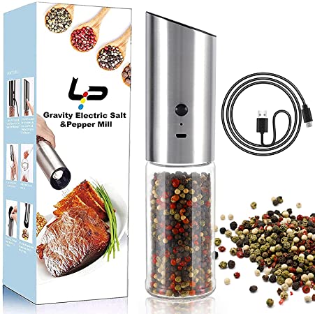 Electric Pepper Grinder, USB Rechargeable Stainless Steel Gravity Salt and Pepper Grinder, 170ML High Capacity Refillable Pepper Mill, Adjustable Coarseness and Compact Design (Silvery)