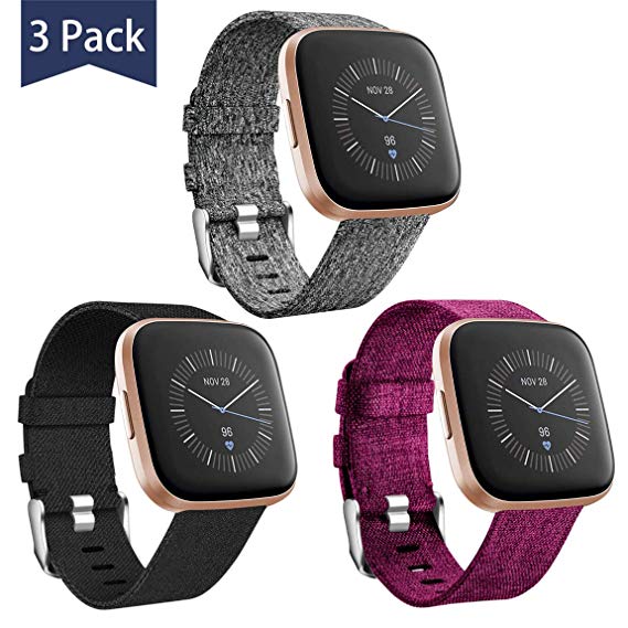 Maledan Compatible with Fitbit Versa/Fitbit Versa 2/Fitbit Versa Lite Bands for Women Men Large, 3 Pack Woven Fabric Strap Adjustable Wristbands Replacement for Versa Watch, Charcoal/Black/Fuchsia