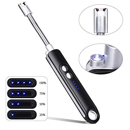 Electric Arc Lighter, USB Rechargeable Candle Lighter Flameless Windproof with Flashlight and Long Flexible Neck for BBQ Firework Camping Gas Stove Black
