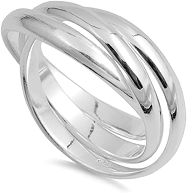 Double Accent Sterling Silver Plain Russian Wedding Ring Trinity Interlocking Rolling Band 9mm (Size 4 to 13)
