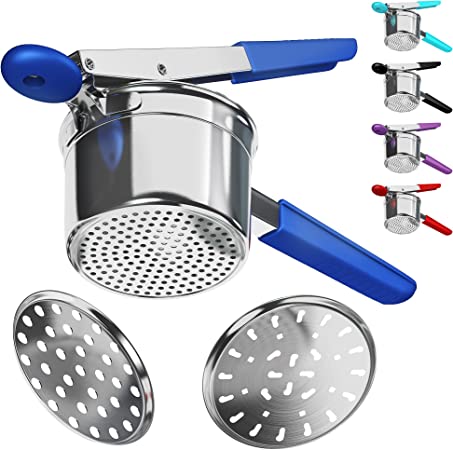 Potato Ricer Stainless Steel with 3 Interchangeable Fineness Discs, Ricer Kitchen Tool for Mashed Potatoes, Cauliflower Rice Maker Masher, Gnocchi Potatoe Spaetzle Press Patoto Masher (Blue)