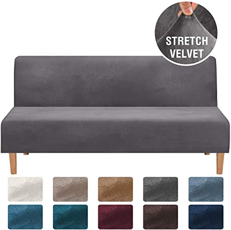 H.VERSAILTEX Real Velvet Plush 1 Piece Futon Sofa Bed Cover Stretch Sofa Slipcover Armless Sofa Cover Furniture Protector with Elastic Bottom Form Fitted Skid Resistance Washable, Futon, Grey