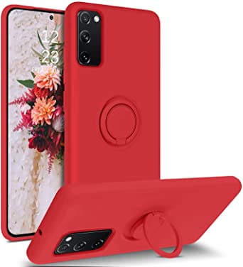 DUEDUE Samsung S20 FE Case 5G, Liquid Silicone Soft Gel Rubber Slim Cover with Ring Kickstand |Car Mount Function,Shockproof Full Body Protective Case for Galaxy S20 FE 4G for Women Girls, Red