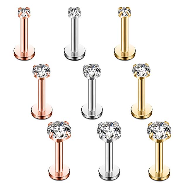 Ruifan 9PCS 16G 2mm 3mm 4mm Clear Cubic Zirconia Labret Monroe Lip Ring Tragus Helix Earring Stud Barbell Piercing Jewelry Bar Length 6-10mm