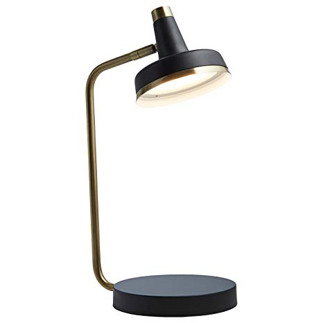 Rivet Modern LED Task Lamp, 15"H, Matte Black & Antique Brass with Wireless Charging