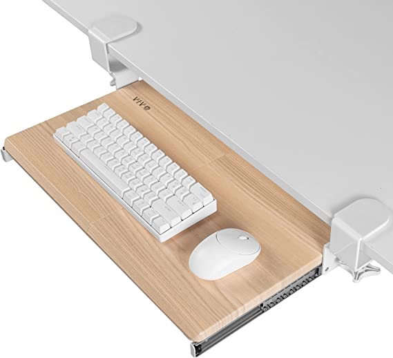VIVO Small Keyboard Tray, Under Desk Pull Out with Extra Sturdy C Clamp Mount System, 20 (26 Including Clamps) x 11 inch Slide-Out Platform Computer Drawer, Light Wood Top, White Frame, MOUNT-KB05ES-A