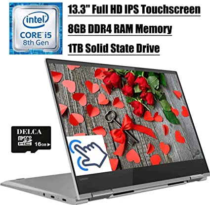 2020 Flagship Lenovo Yoga 730 2 in 1 Laptop Computer, 13.3" FHD IPS Touchscreen, Intel Quad-Core i5-8250U (&gt;i7-7500U), 8GB DDR4 1TB SSD, Thunderbolt Backlit BK FP Win 10   Delca 16GB Micro SD Card