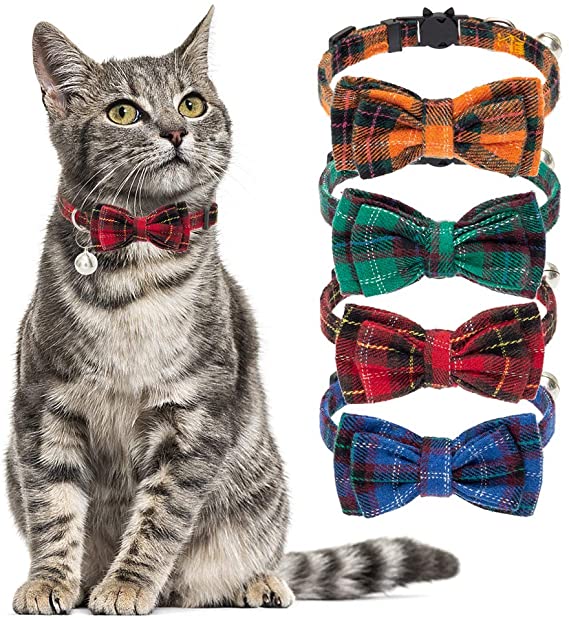 EXPAWLORER Cat Collar Breakaway with Bell - 4 Pack Classic Plaid Bow Tie Collars for Kitty Kitten…