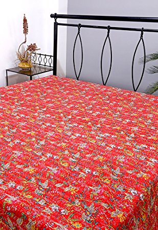 Handmade Floral Printed Double Bed Size Kantha Work Bed Sheet By Rajrang
