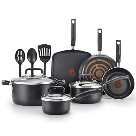 T-Fal C111SC74 Signature Nonstick Expert Easy Clean Interior Thermo-Spot Heat Indicator Dishwasher Safe PFOA Free/Oven Safe Cookware Set, 12-Piece, Black