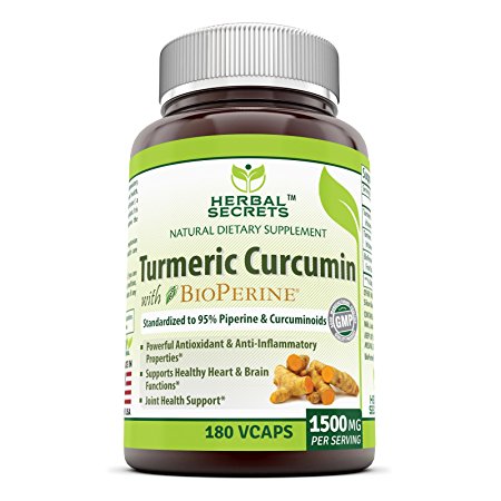 Herbal Secrets Turmeric Curcumin with Bioperine Dietary Supplement – 1500mg per Serving, 180 VCaps Per Bottle