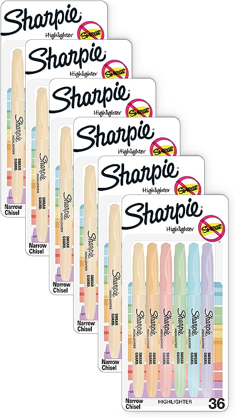 SHARPIE Pocket Highlighters, Mild Pastel Colors, Assorted, Chisel Tip, 36 Count