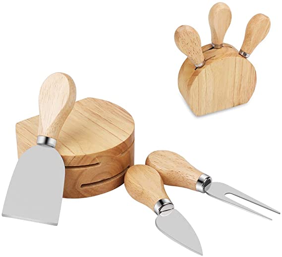 Freehawk 3-Piece Cheese Knife Set with Wood Stand, Stainless Steel Cheese Slicer, Cheese Knife Shaver, Spreader and Fork with Wooden Handle