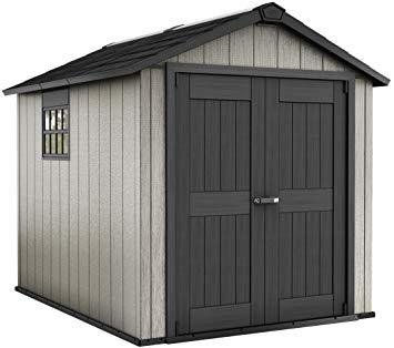 Keter Oakland 7.5 x 9 Outdoor Duotech Storage Shed, Paintable with Window and Skylight, Grey